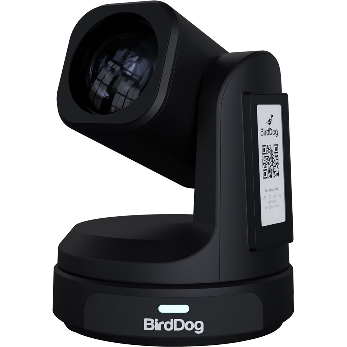 Compact black camera with a sleek design, featuring a large lens, adjustable base, and a QR code label, ideal for streaming and broadcasting applications.