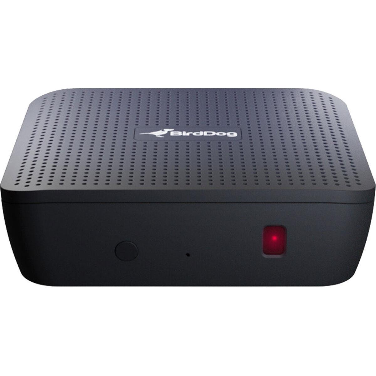 Black rectangular video converter with a textured surface, featuring a red indicator light, a power button, and the BirdDog logo prominently displayed on the top.