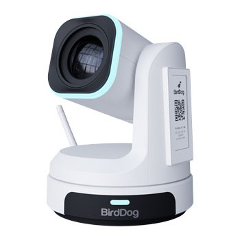Compact white camera with a black base, featuring a large lens with a blue accent, a QR code on the side, and a sleek design for versatile video production.