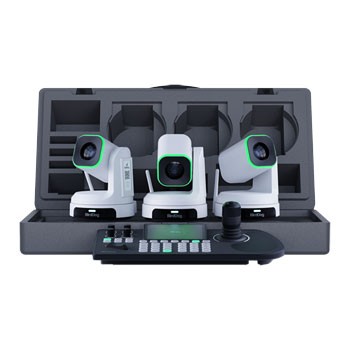 BIRDDOG X1 Bundle in white includes three compact cameras with green accents and a control panel, all housed in a protective case with custom compartments.