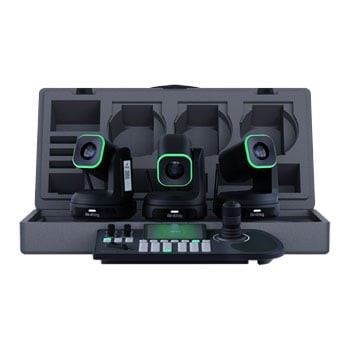 BIRDDOG X1 Bundle includes three black cameras with green accents, a control panel, and a sturdy carrying case with custom compartments.