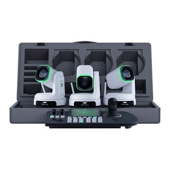 BIRDDOG X1 Ultra Bundle in white, featuring three compact cameras with green accents and a control panel, all housed in a sturdy black case with custom compartments.
