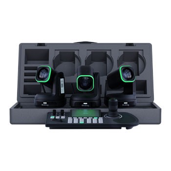 Three compact black cameras with green accents, a control panel with a joystick and buttons, all housed in a sturdy gray case designed for portability and protection.
