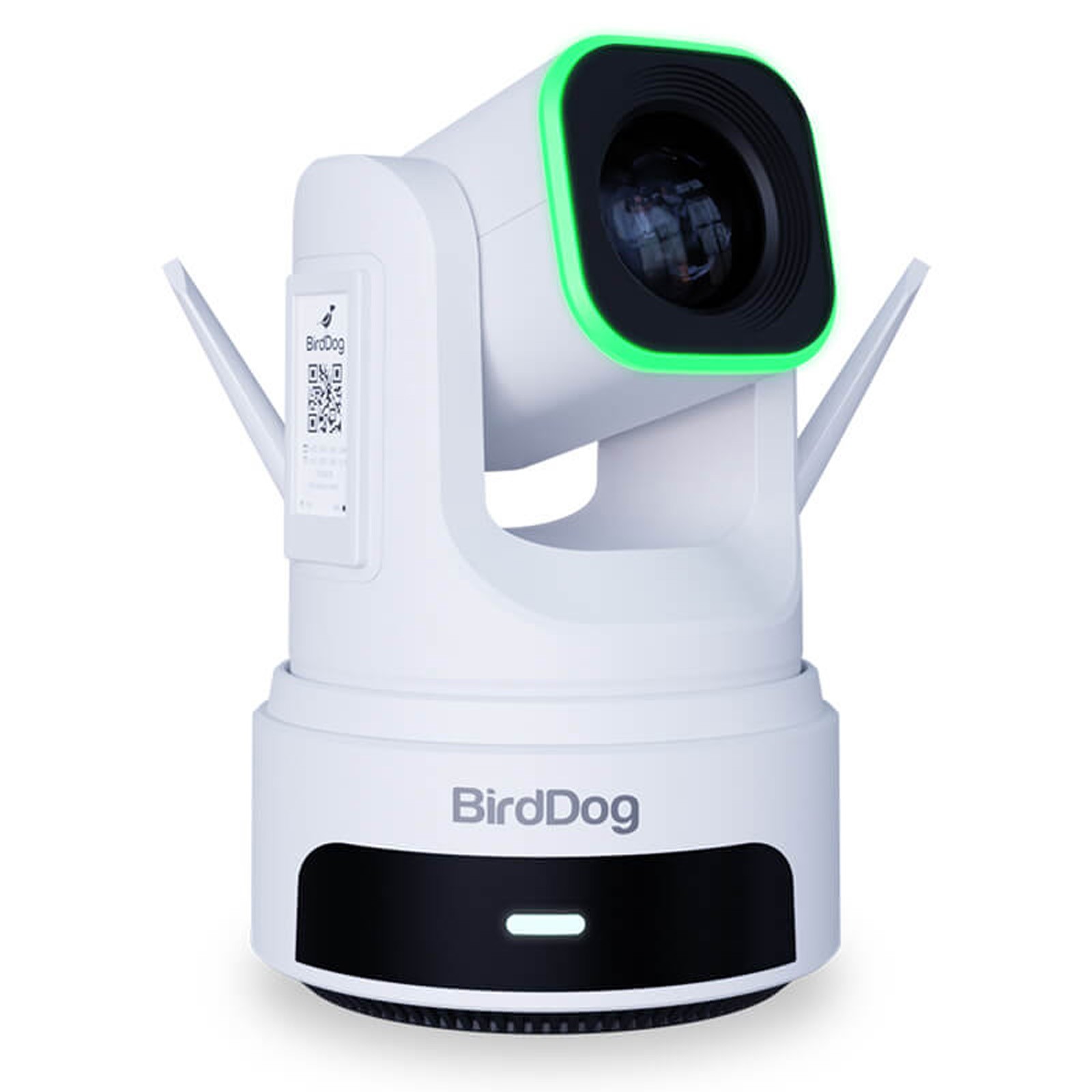 BIRDDOG X4 Ultra features a sleek white body with a green LED ring around the lens, designed for high-quality video capture, and includes a prominent black base with a control button.
