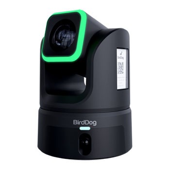 BIRDDOG XL Ultra Black camera features a sleek black body with a green accent, a prominent lens, and a compact design for versatile video production.