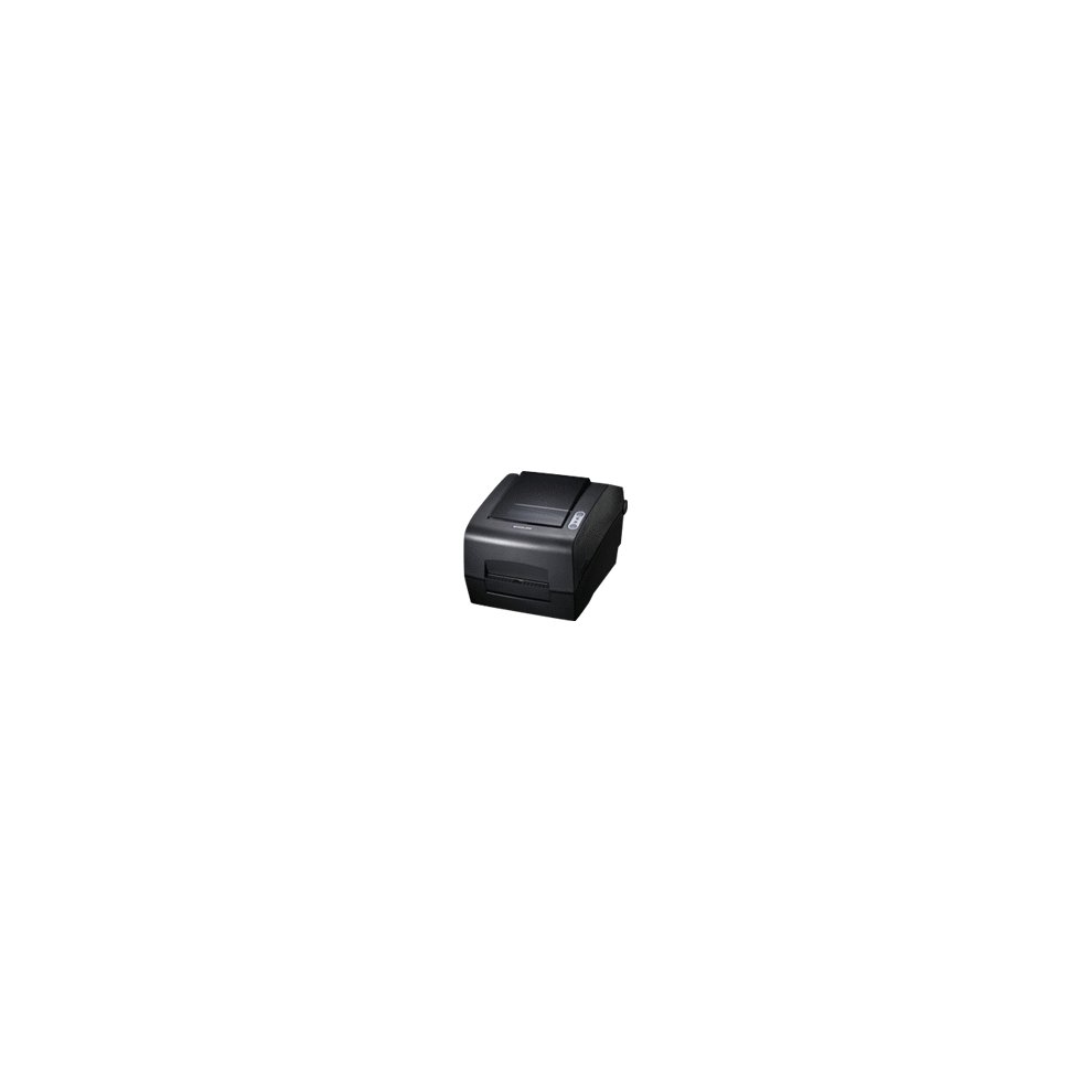 Bixolon SLP-DX220 desktop thermal printer in black, featuring a compact design, USB and serial connectivity, and a top-loading label compartment.