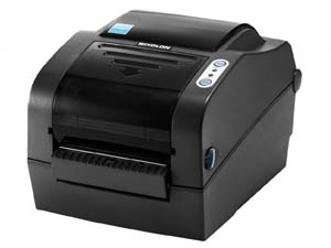 Bixolon SLP-TX420EG label printer in black, featuring a compact design, control buttons on the top, and a front-loading mechanism for easy label access.