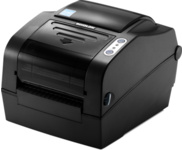 Black Bixolon SLP-TX423EG label printer featuring a sleek design, direct thermal and thermal transfer capabilities, and control buttons on the top for easy operation.