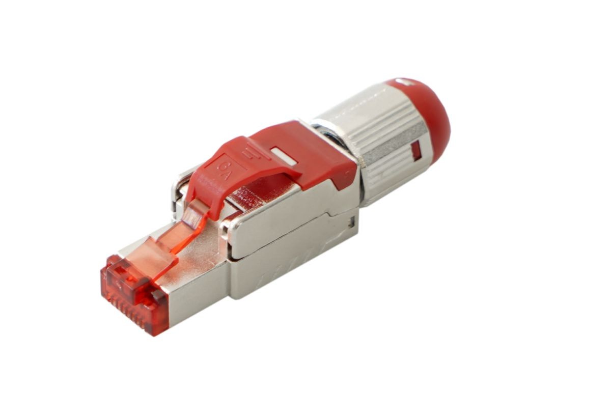 BKT Elektronik C6 shielded tool-less plug featuring a metallic silver body with a red locking mechanism and transparent connector end.