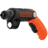 Black & Decker cordless screwdriver, black and orange, with LED light and ergonomic handle.