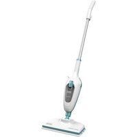 White Black & Decker steam mop with blue accents, 0.38 L capacity, 1300 W power, sleek design with ergonomic handle.