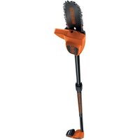 Orange and black Black & Decker power pole saw with long handle and compact chainsaw blade.