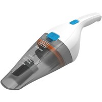 White Black & Decker handheld vacuum, bagless design, with a transparent dust container and blue accents.