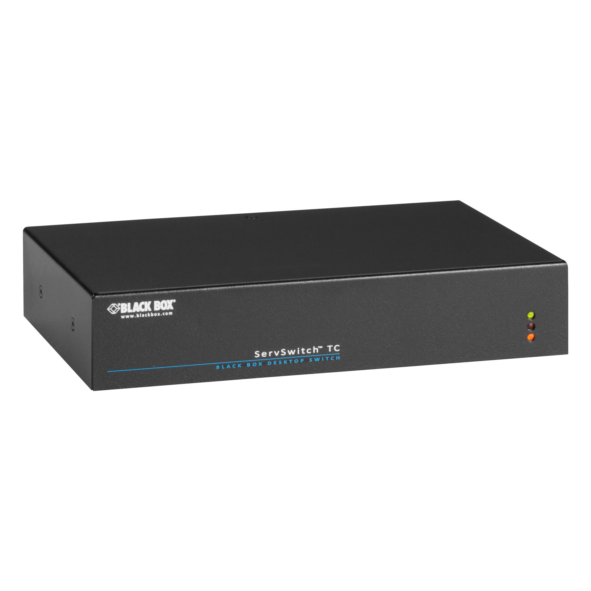Black Box ACX1004A-HID2 KVM switch in a sleek black metal casing, featuring LED indicators and a compact design for efficient multi-device management.