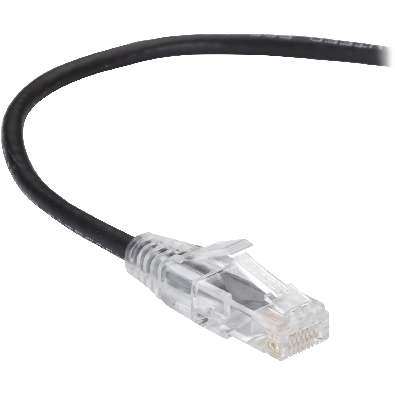 Black Box Slim-Net Cat6A 28-Awg Ethernet patch cable with a black outer jacket and clear RJ45 connector, designed for high-speed data transmission up to 500 MHz.