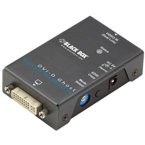 Compact black DVI-D EDID Ghost device by Black Box, featuring a DVI connector, LED status indicator, and a power input, designed for video signal enhancement.
