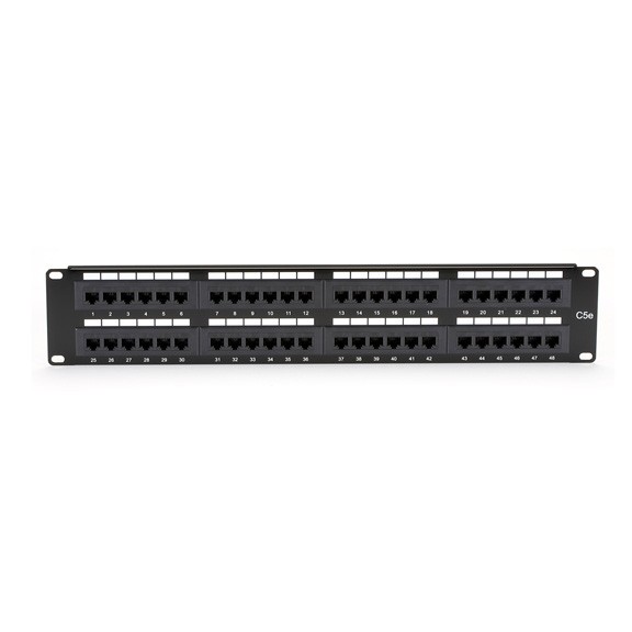 Black Box JPM5E48A patch panel in 2U size, featuring a sleek black metal design with 48 RJ45 ports arranged in two rows for organized network connectivity.