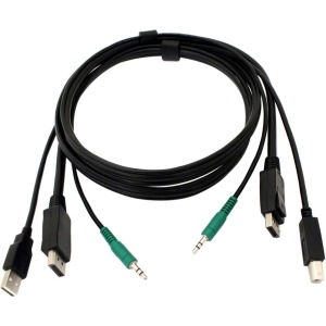 Black Box SKVMCBL-DP-06 KVM cable, 1.8 meters long, featuring black plastic connectors, USB and audio jacks, with green and black color coding for easy identification.