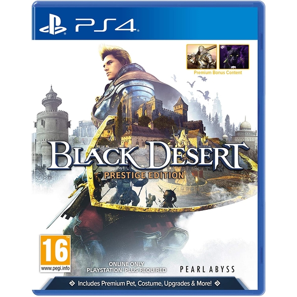 Black Desert Prestige Edition for PS4 features a vibrant cover with a knight, medieval scenery, and the title prominently displayed, emphasizing its premium content and online gameplay.