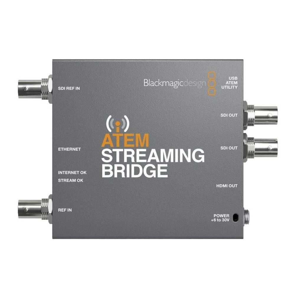 Blackmagic Design ATEM Streaming Bridge in gray metal, featuring multiple SDI and HDMI ports, Ethernet connection, and clear labeling for inputs and outputs.