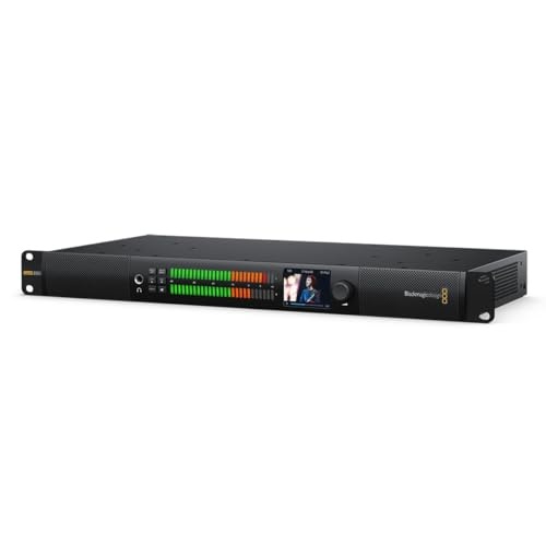Blackmagic Design Audio Monitor 12G in grey, featuring a sleek 1U rackmount design, colorful LED level meters, and a small display screen for audio monitoring.