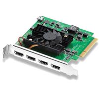 Blackmagic Design BM-BDLKDVQDHDMI4K video capturing device features a green circuit board with a large black heatsink and four HDMI ports on a metal bracket.