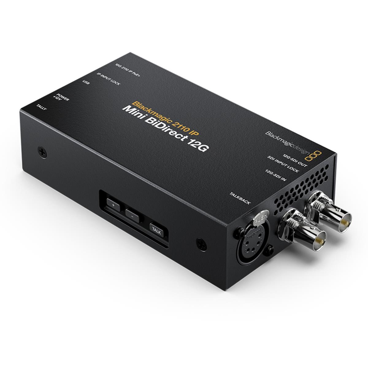 Compact black video signal converter with two BNC connectors, USB port, and a control button, featuring a sleek design and labeled ports for easy connectivity.
