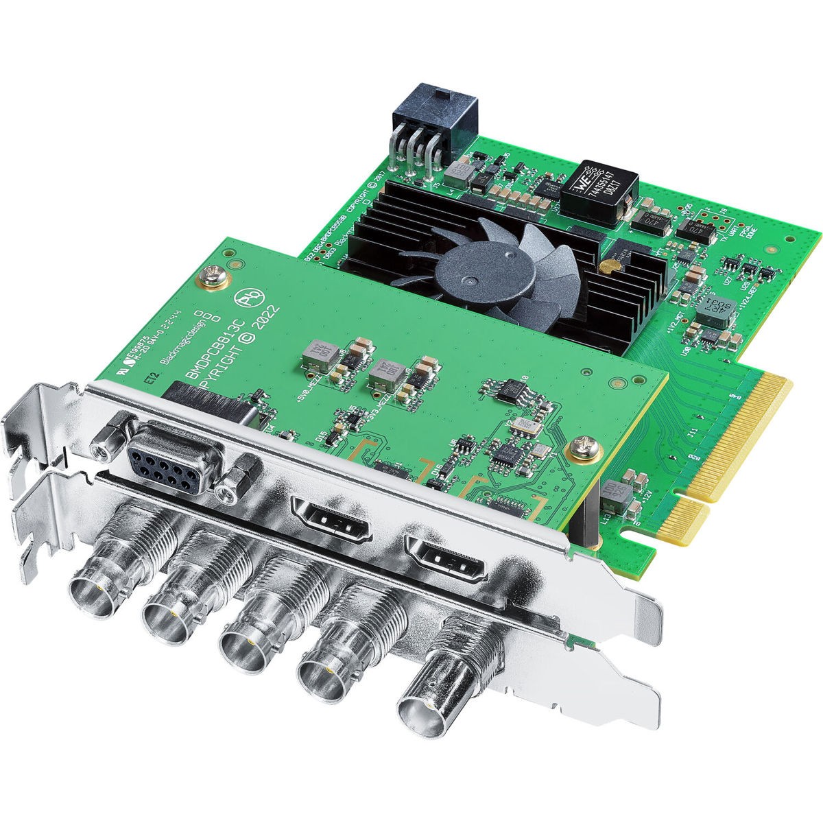 Blackmagic Design DeckLink 8K Pro G2 features a green circuit board with a black cooling fan, silver metal bracket, and multiple input/output ports for video capturing.