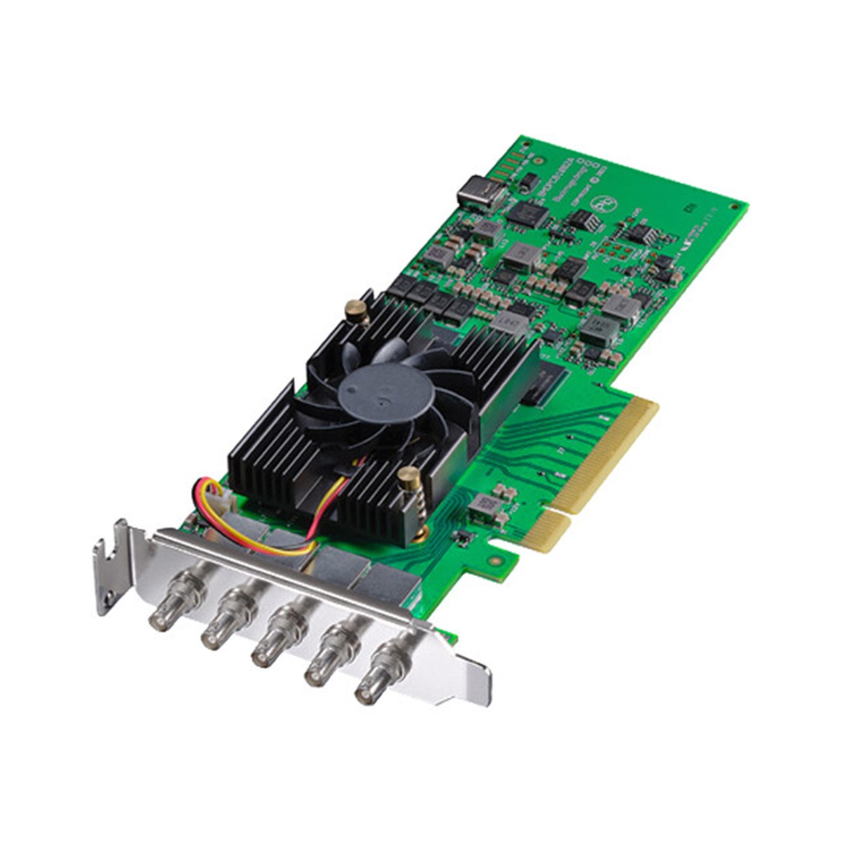 Blackmagic Design DeckLink 8K Pro Mini video capturing device features a green circuit board, a large black heatsink with a fan, and multiple BNC connectors for video input/output.
