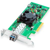 Green circuit board with fan, PCIe connector, and optical ports, Blackmagic Design DeckLink IP HD Optical video capture card.