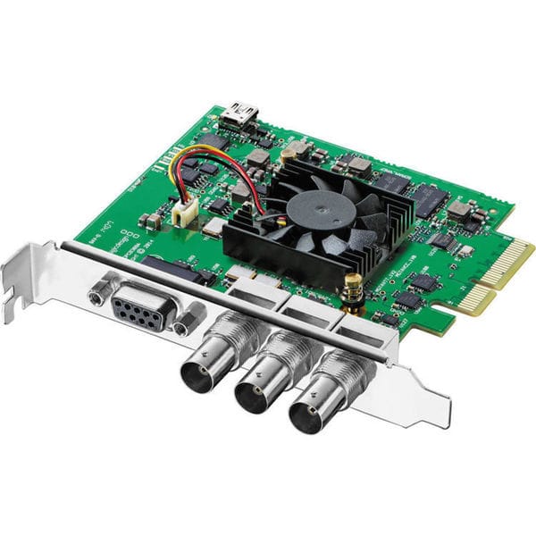 Blackmagic Design DeckLink SDI 4K video capturing device featuring a green circuit board, a black cooling fan, and three silver SDI connectors on a PCIe card.