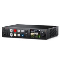 Blackmagic Design HyperDeck Studio HD Plus in a sleek black finish, featuring a control panel with colored buttons, a display screen, and various input/output ports.