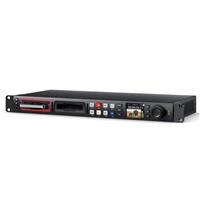 Blackmagic Design Hyperdeck Studio HD Pro in black metal, featuring a red panel, multiple control buttons, a large knob, and slots for media cards.