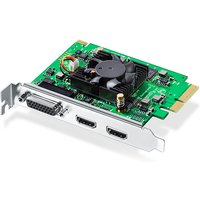 Blackmagic Design Intensity Pro 4K video capture card, green circuit board, black fan, silver PCI bracket, HDMI ports