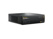 Blackmagic Design MultiView 4 is a compact black device with a sleek design, featuring multiple input/output ports and ventilation grilles for efficient cooling.