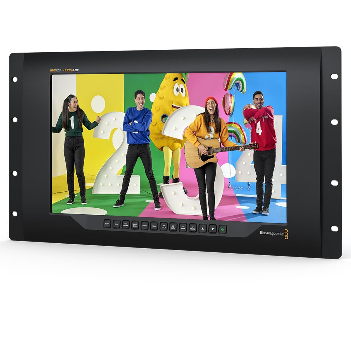Blackmagic Design SmartView 4K G3 monitor features a sleek black frame, a 15.6-inch display, and front control buttons, showcasing vibrant colors and characters on screen.
