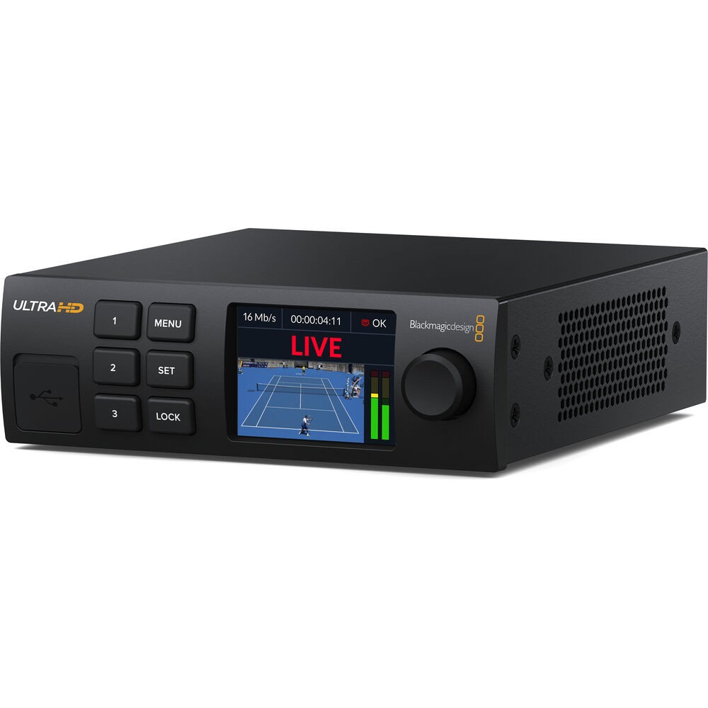 Blackmagic Design Streaming Decoder 4K features a sleek black metal casing, a small color display, control buttons, and ports for USB and video input, designed for high-definition streaming.