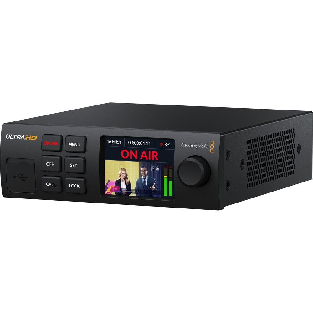 Blackmagic Design Streaming Encoder 4K in a sleek black finish, featuring a front panel with buttons, a display screen showing a live feed, and ventilation grilles on the side.