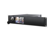 Blackmagic Design Studio Fiber Rack Kit features a sleek black metal finish, with a front panel displaying a small screen and a knob for control, designed for professional audio-visual setups.