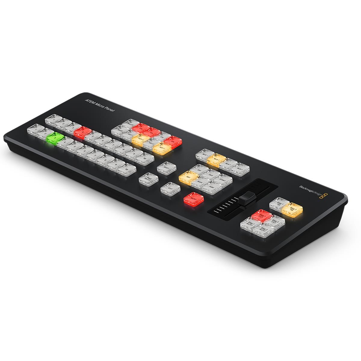 Blackmagic Design SWPANELAA1ME10 video editing controller featuring a sleek black design with colorful keys, including red, yellow, green, and a central slider for precise control.