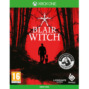 The cover features a dark forest backdrop with red hues, showcasing the title "Blair Witch" prominently, a silhouette of a man and a dog, and age rating "16" in the corner.