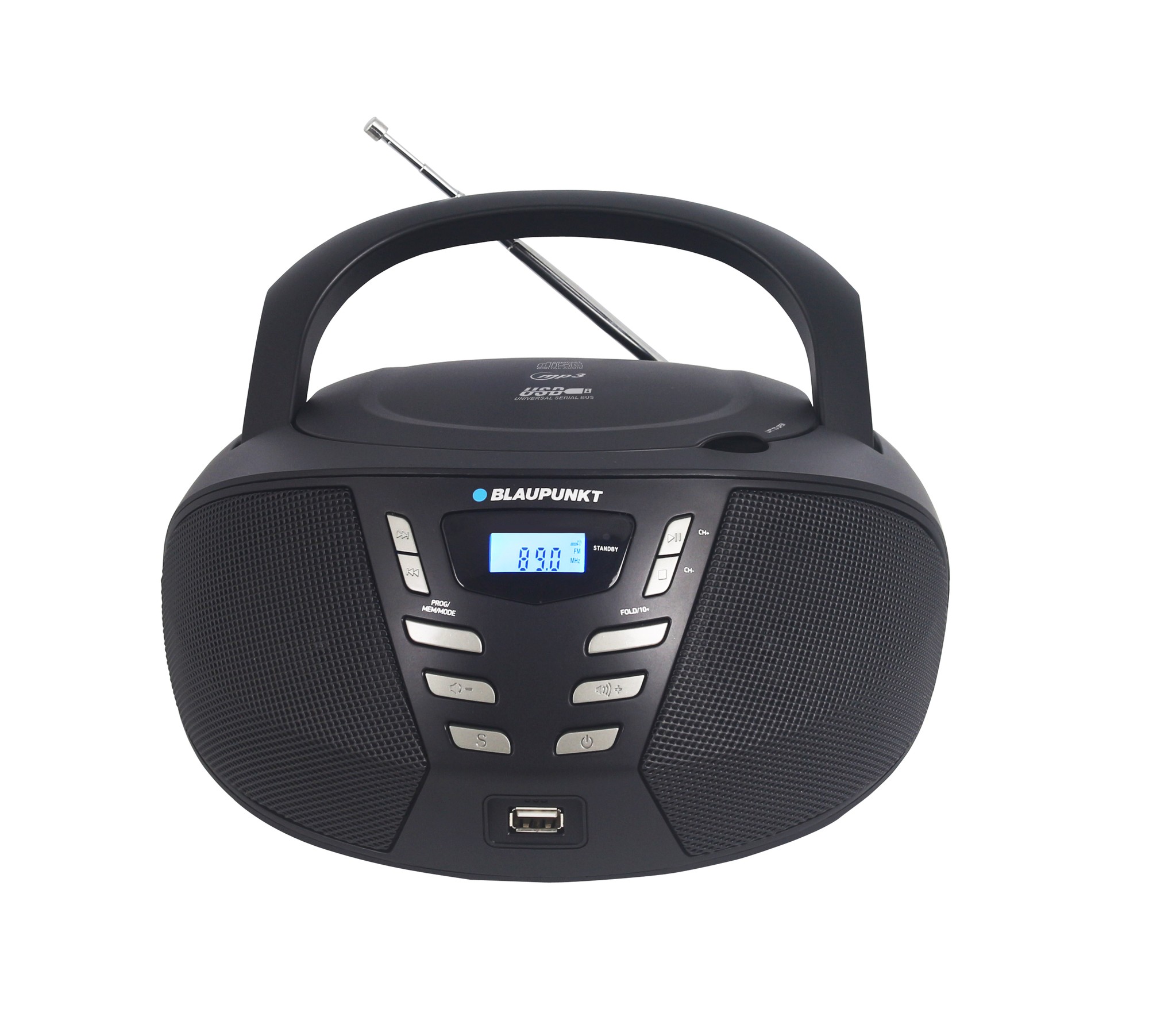 Portable black CD player with a handle, featuring a digital display, control buttons, and an antenna, designed by Blaupunkt for easy transport and use.