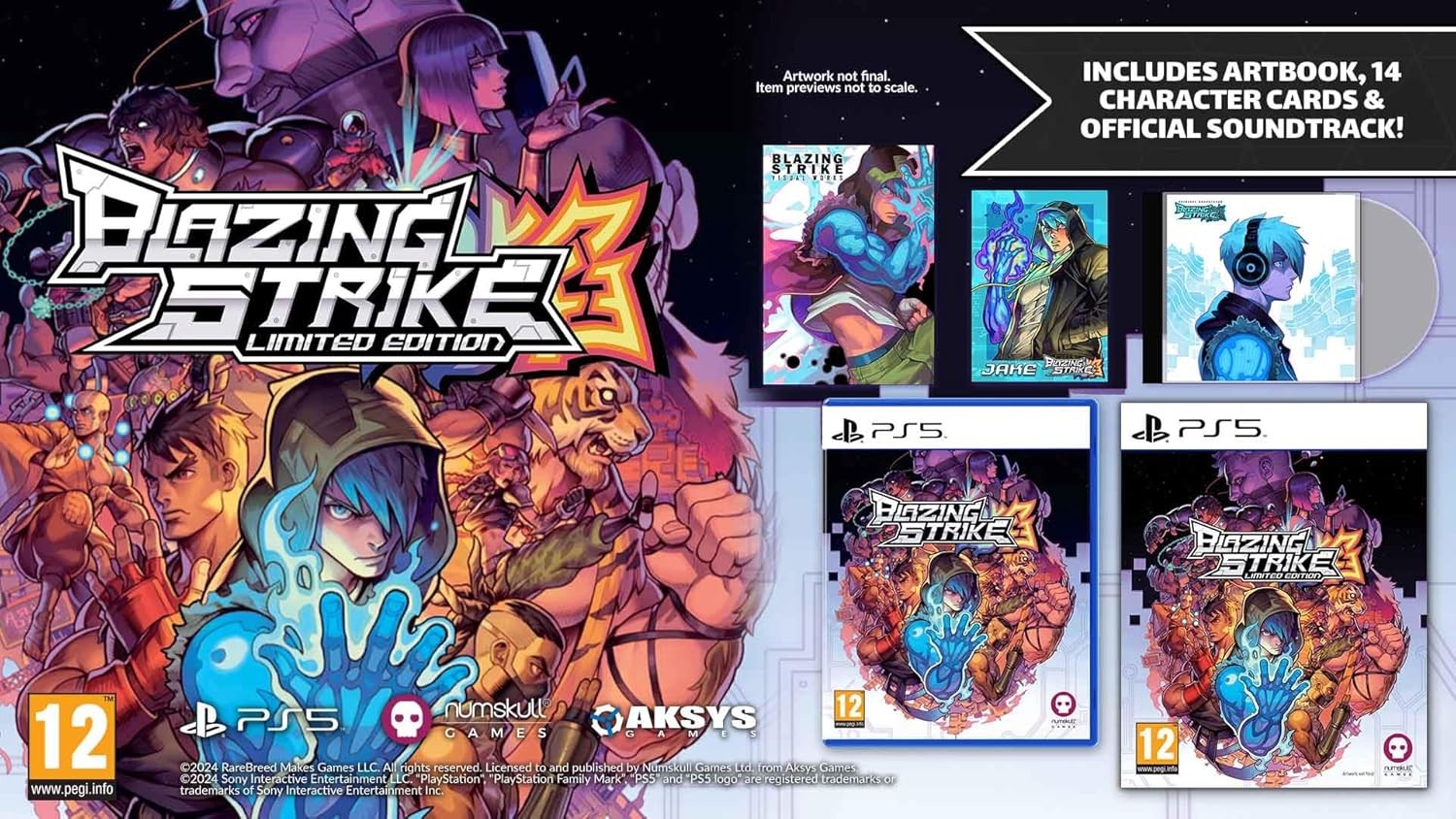 Blazing Strike Limited Edition for PS5 by NUMSKULL features vibrant artwork, includes an art book, 14 character cards, and an official soundtrack, all in a colorful, eye-catching design.