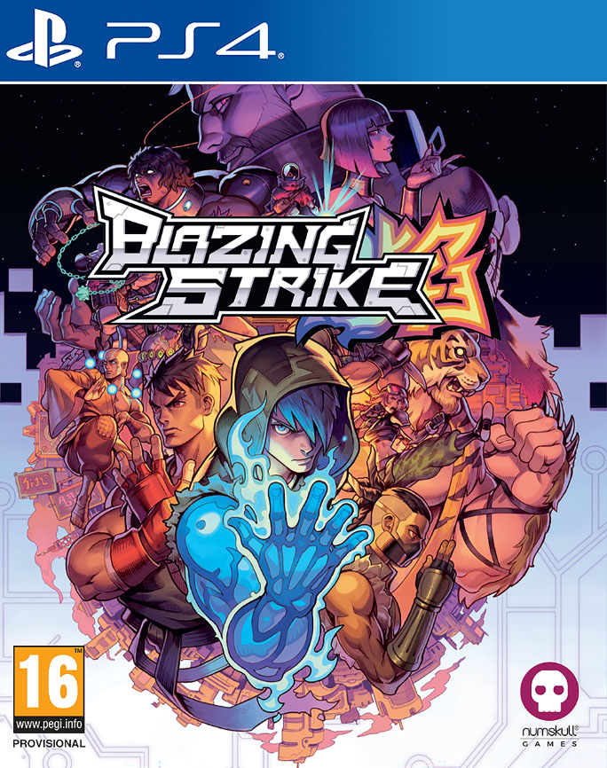 Blazing Strike for PlayStation 4 features vibrant artwork with a central character in a blue hoodie, surrounded by diverse fighters in a colorful, comic-style design.