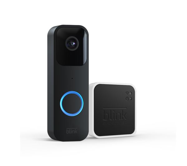BLINK Video Doorbell in black with a blue LED ring, paired with a compact white Sync Module, designed for wired or battery use.