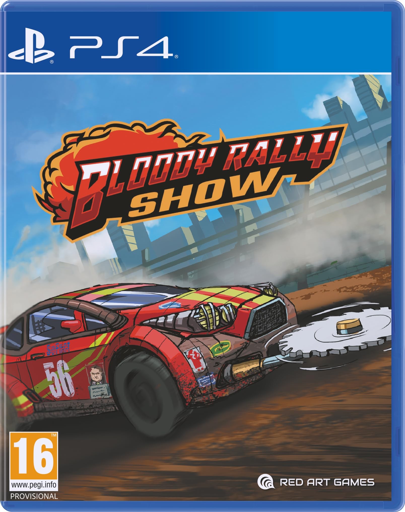 Cover art features a red racing car with a saw blade, vibrant graphics, and the title "Bloody Rally Show" prominently displayed, set against a blurred racing background.