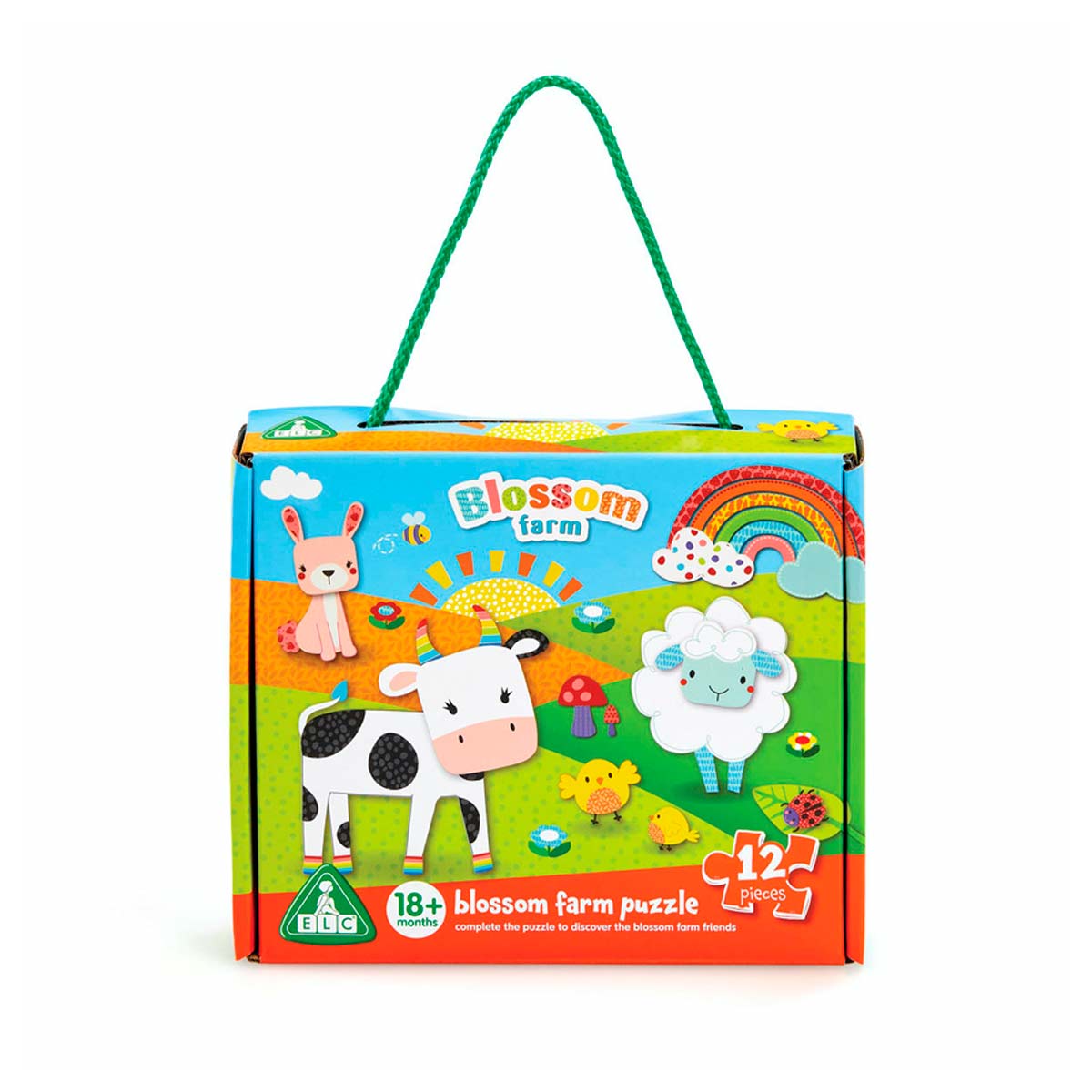 Colorful box featuring a cow, sheep, and bunny on a farm background, with a rainbow and flowers; includes a green handle and states "Blossom Farm 12 Piece Jigsaw Puzzle."