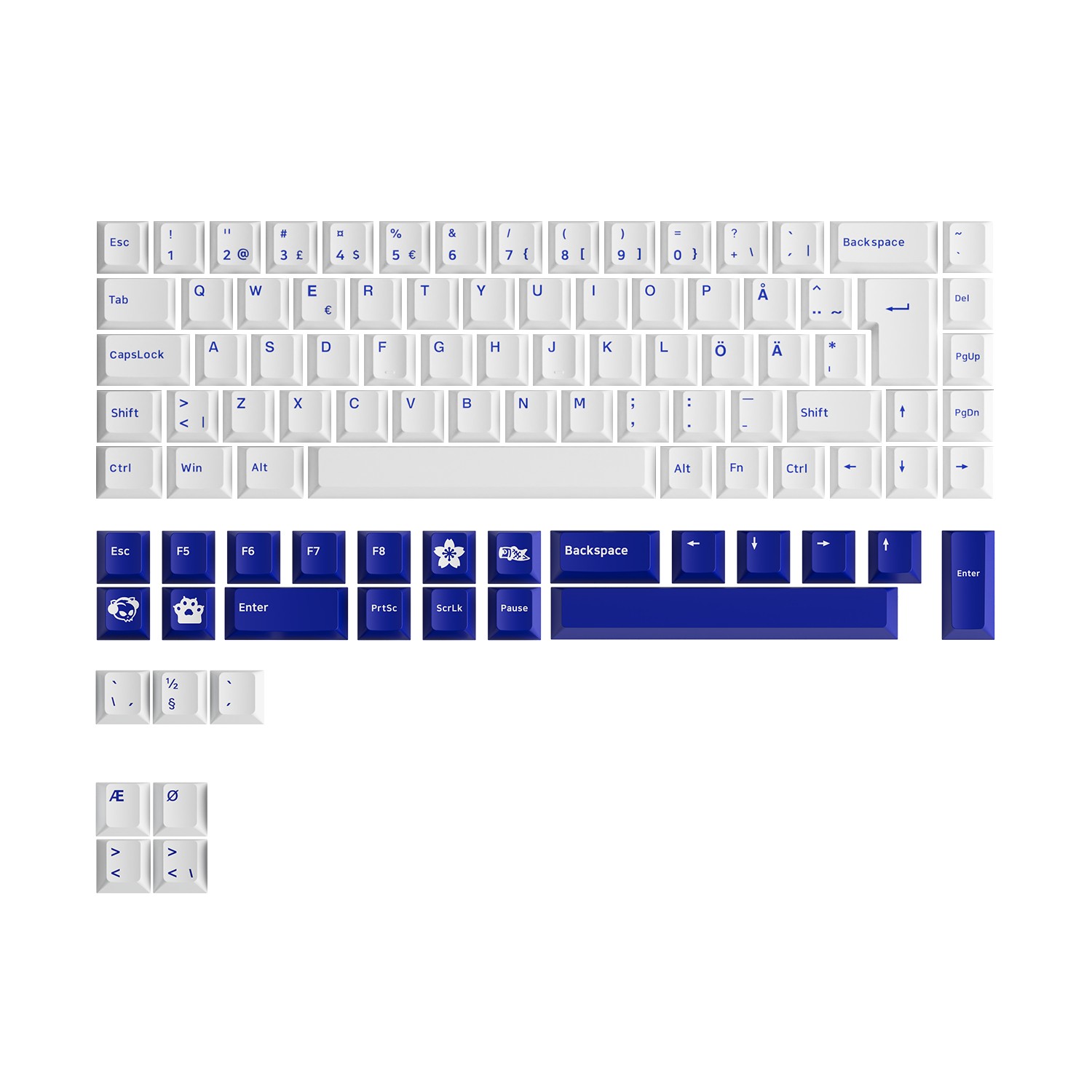 Blue and white ISO Nordic keycap set featuring 96 keys, made of durable plastic, with distinctive blue accents and unique icon designs on select keys.