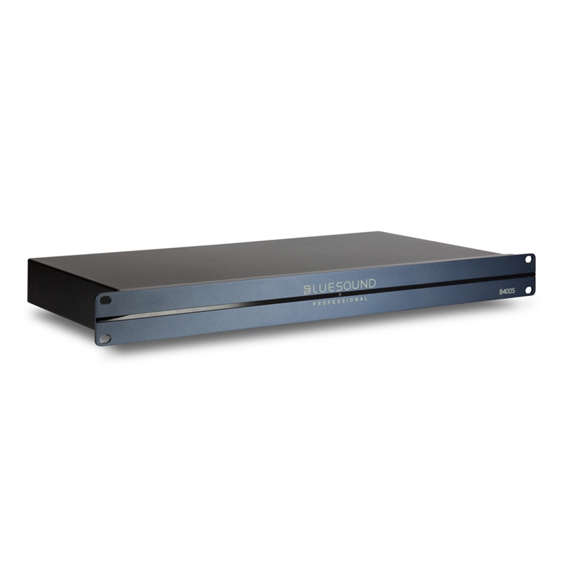 Bluesound Professional B400S 4 Zone Network Music Player in a sleek black metal chassis with a minimalist design, featuring a front panel logo and rack-mountable 1U form factor.