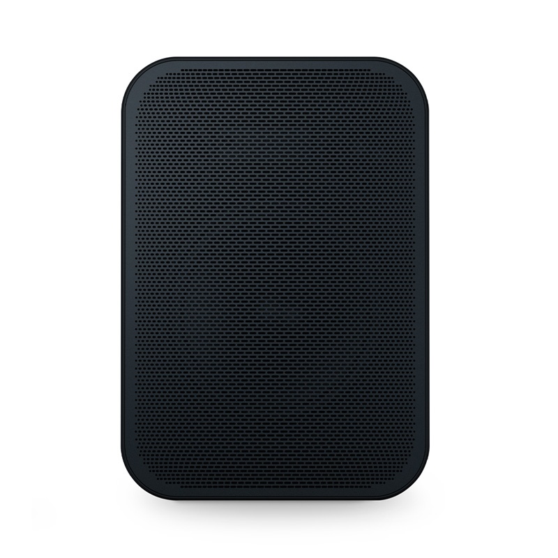 Compact black network streaming speaker with a sleek rectangular design, featuring a perforated front grille for sound projection and a minimalist aesthetic.